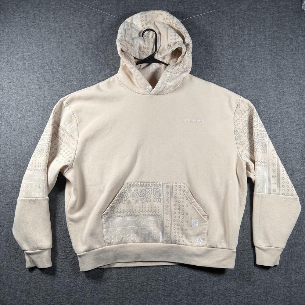 SUPPLY & DEMAND Hoodie Womens Medium Beige Pullover Fleece Paisley Bandana Print